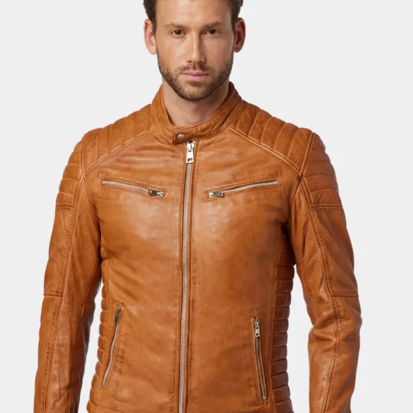 Classic Tan Leather Cafe Racer Jacket
