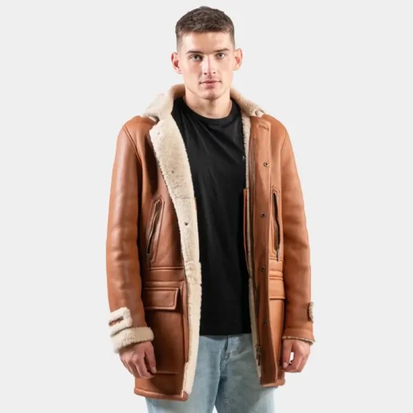 Men’s Classic Tan Leather Hooded Shearling Trench Coat