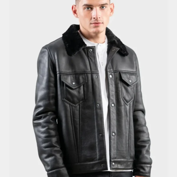 Classic Black Leather Shearling Trucker Jacket