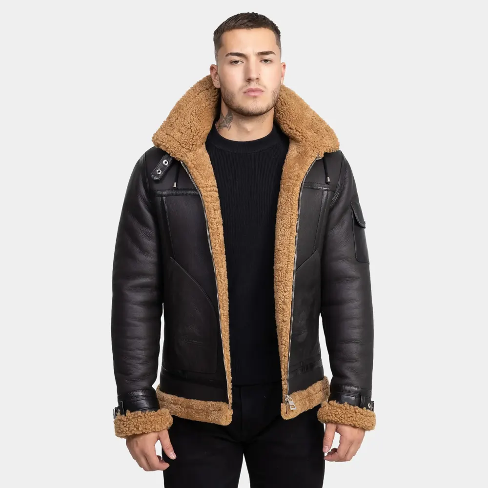 Men’s Classy Brown Leather Shearling Hooded Aviator Jacket