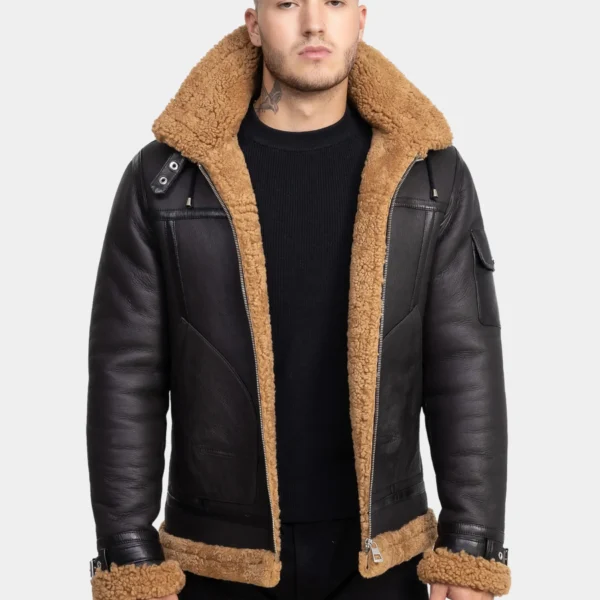 Classy Brown Leather Shearling Hooded Aviator Jacket