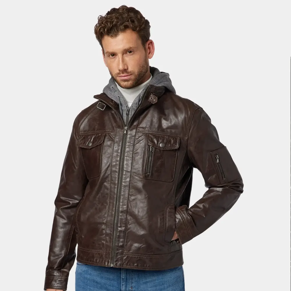 Men’s Dark Brown Hooded Utility Leather Jacket