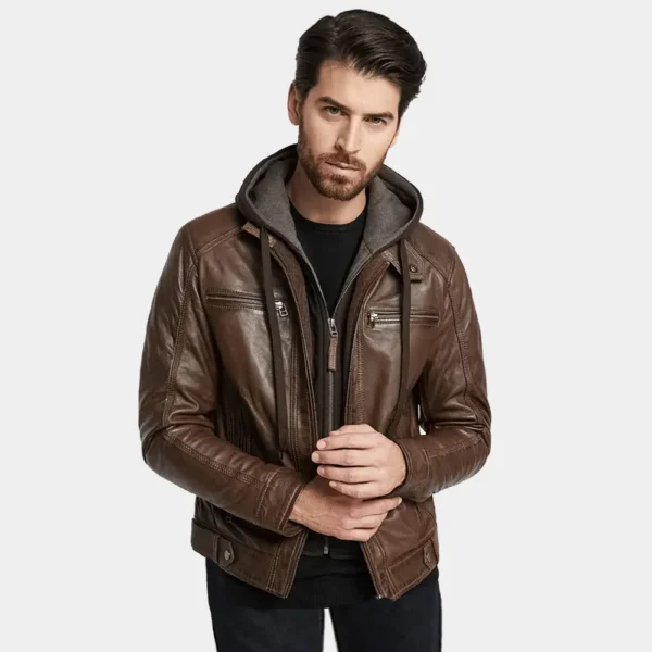 Men’s Dark Brown Leather Motorcycle Jacket with Removable Hood