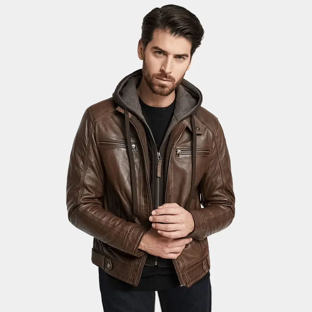 Men’s Dark Brown Leather Motorcycle Jacket with Removable Hood