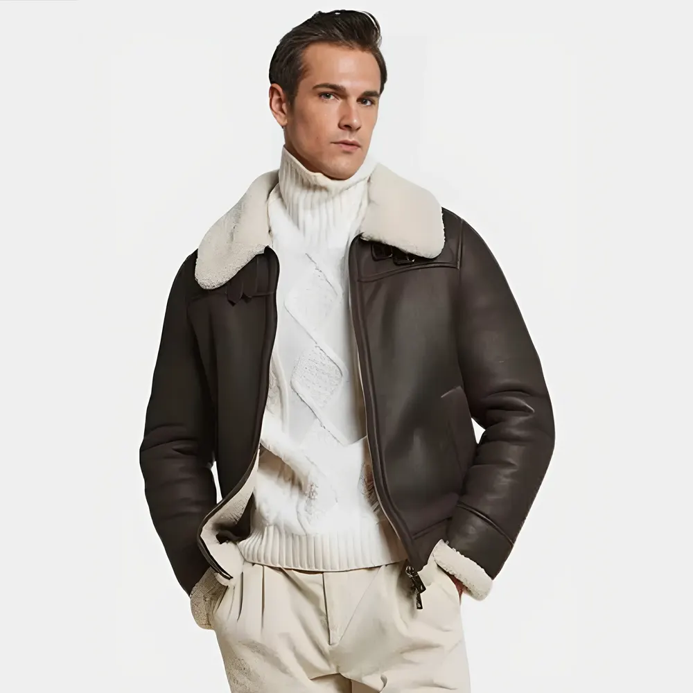 Men’s Dark Brown Shearling Leather Aviator Jacket