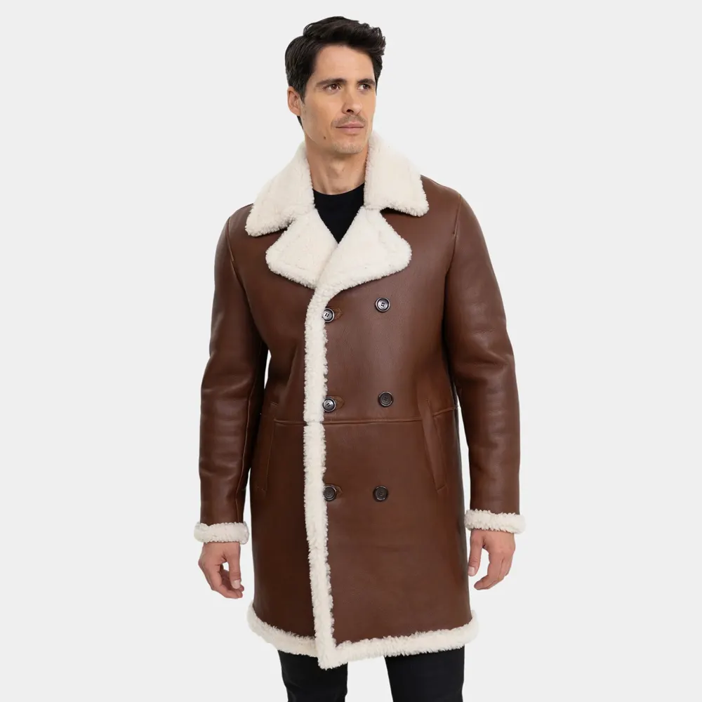 Men’s Dark Brown Shearling Leather Trench Coat with Double Breasted