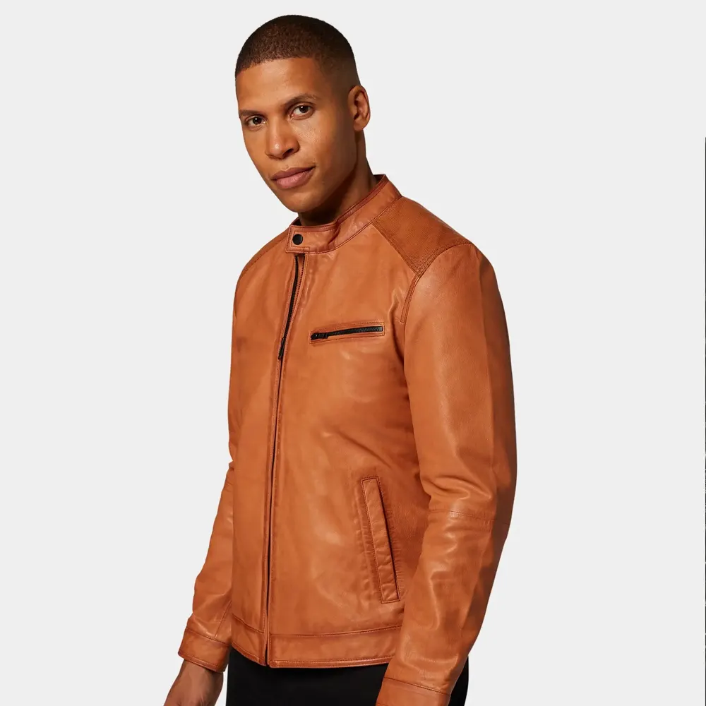 Men’s Distressed Tan Leather Cafe Racer Jacket
