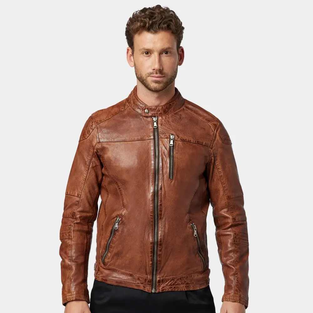Men’s Distressed Vintage Brown Leather Cafe Racer Jacket