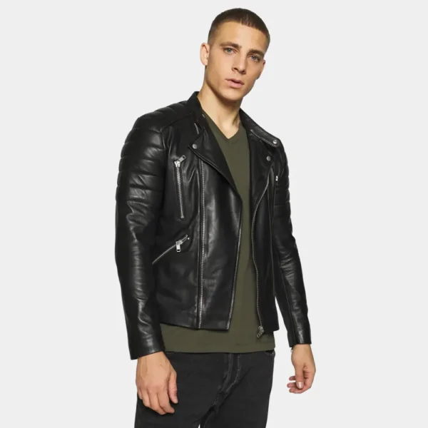 Men’s Gladiator Black Biker Leather Jacket with Quilted Shoulders