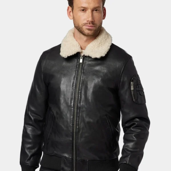 John Black Leather Bomber Jacket With Shearling Collar