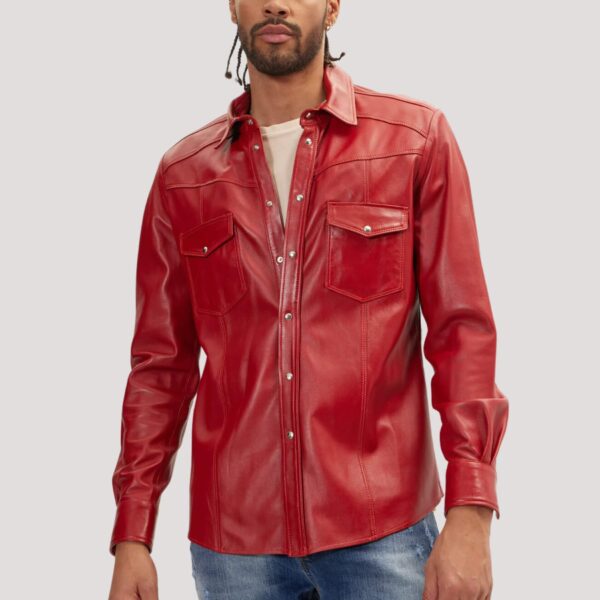 Lambskin Red Leather Button Down Shirt