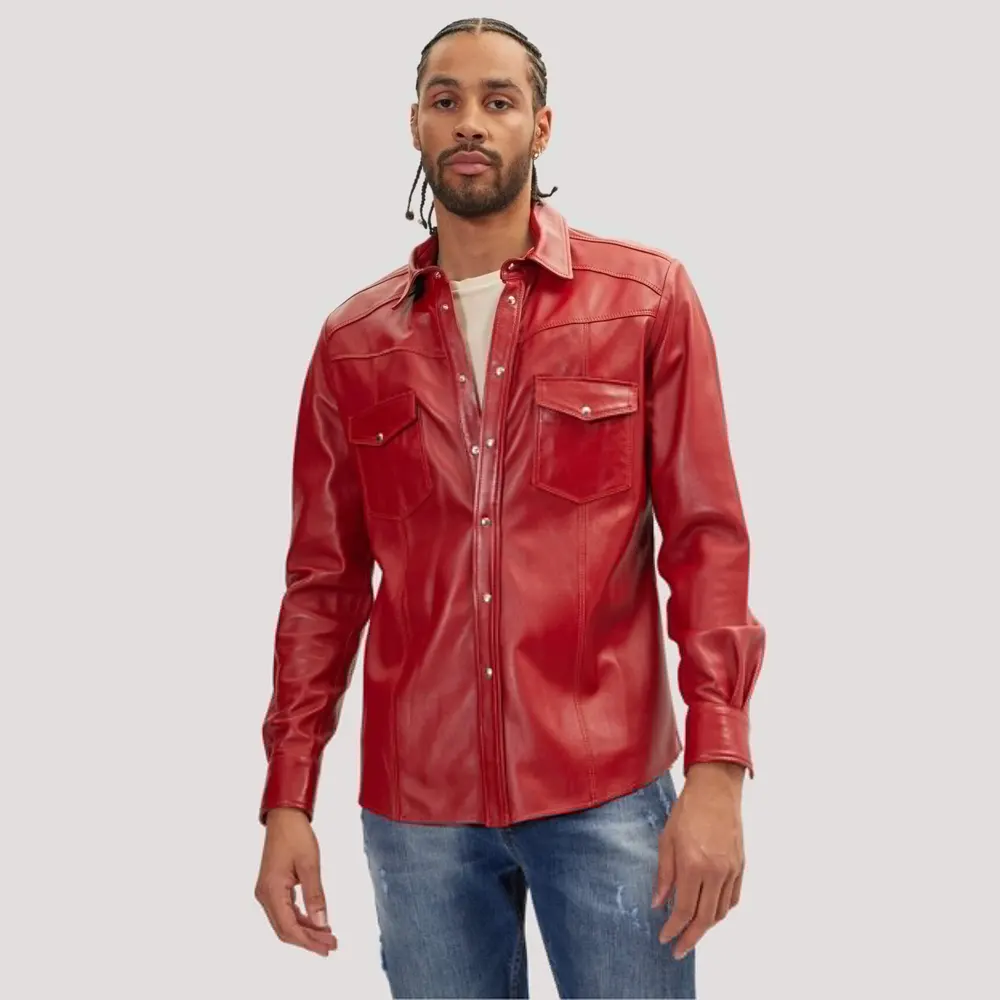 Mens Lambskin Red Leather Button Down Shirt