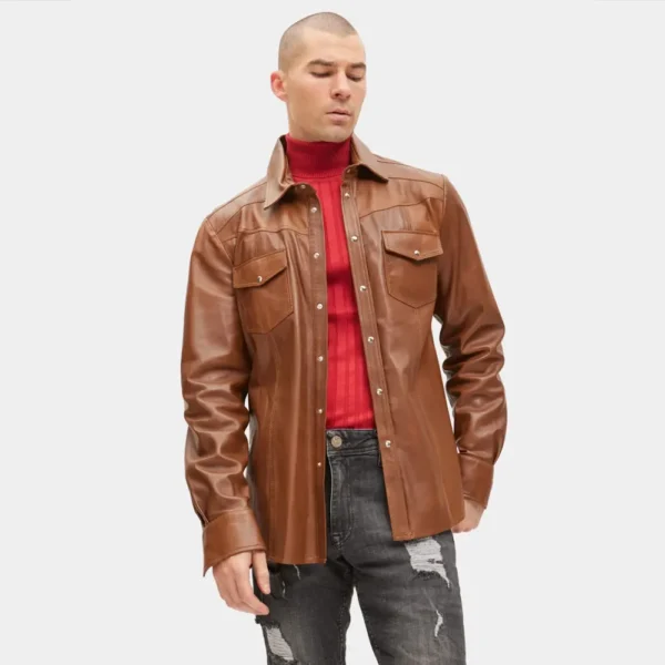 Men’s Lambskin Western Brown Leather Shirt Jacket