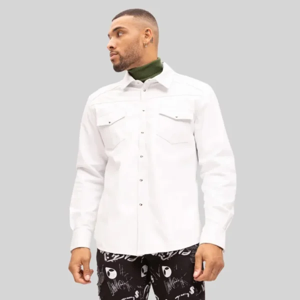 Men's Lambskin White Leather Button Down Shirt Long Sleeve