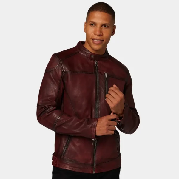 Men’s Maroon Leather Café Racer Jacket with Zipper Closure