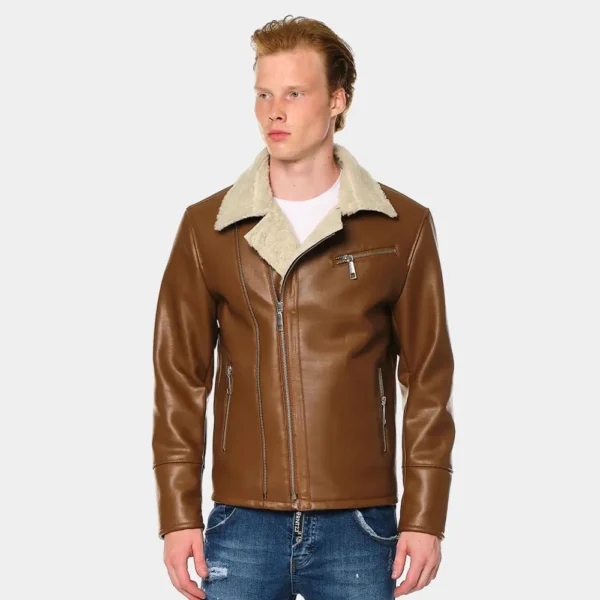 Men’s Moto Brown Faux Leather Shearling Jacket