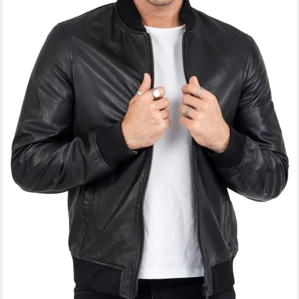 Men’s Real Black Lambskin Leather Bomber Jacket