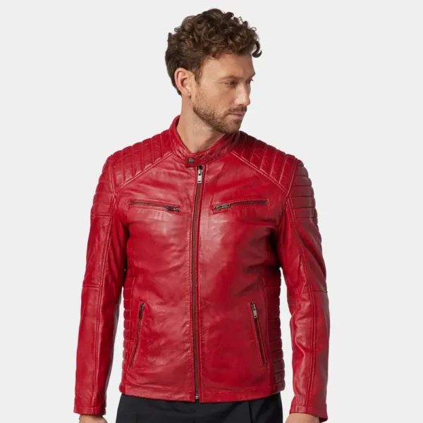 Men’s Red Quilted Leather Cafe Racer Jacket with Stand Collar