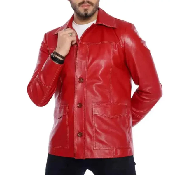 Men’s Retro Red Leather Button-Up Jacket