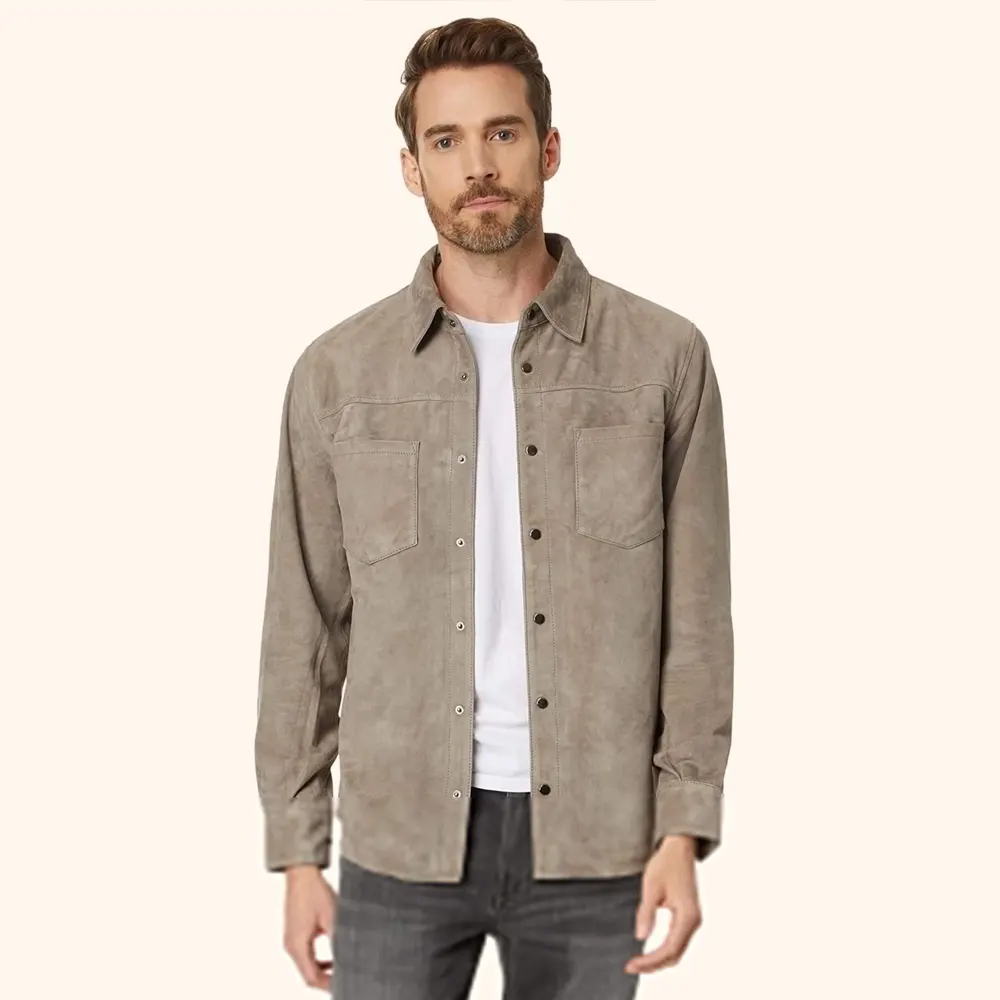 Men’s Rich Beige Brown Suede Leather Shirt