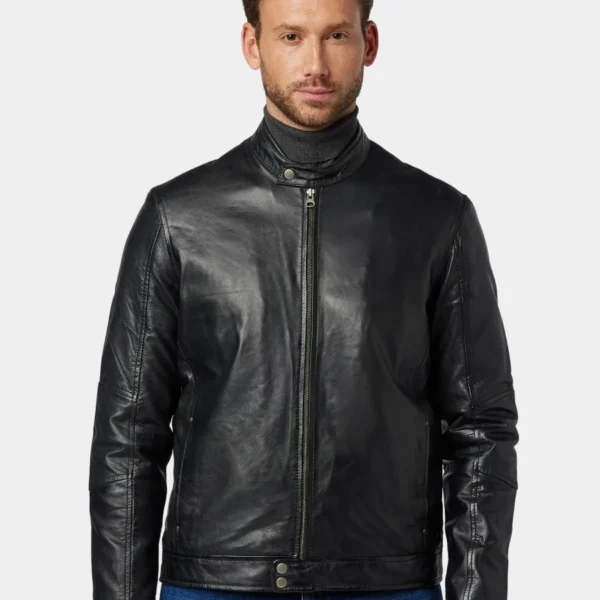 Sleek Black Leather Cafe Racer Jacket