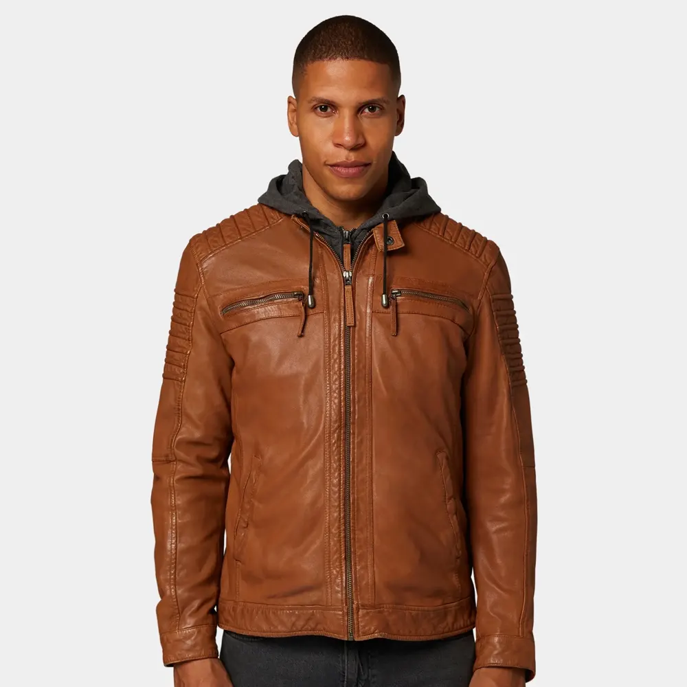 Men’s Tan Hooded Café Racer Leather Jacket