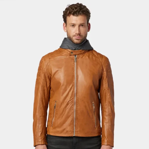 Men’s Tan Hooded Leather Jacket with Snap Collar
