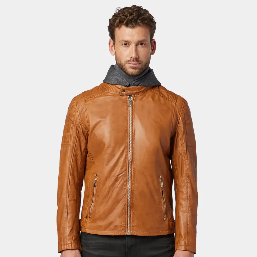 Men’s Tan Hooded Leather Jacket with Snap Collar