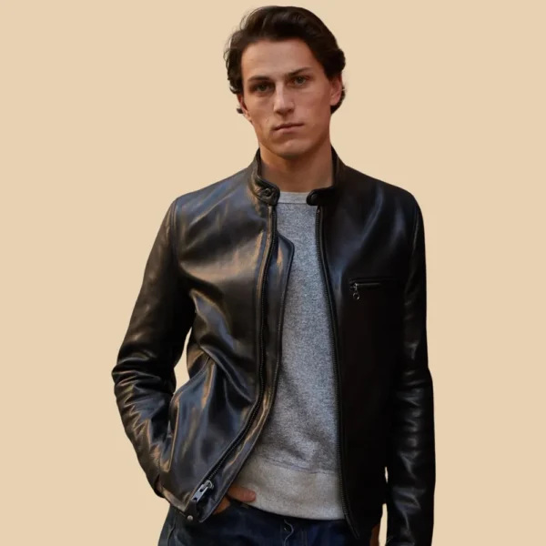 Men’s Waxed Natural Pebbled Cowhide Café Leather Jacket