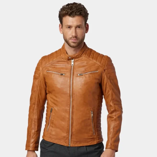 Tan Quilted Café Racer Leather Jacket for Men