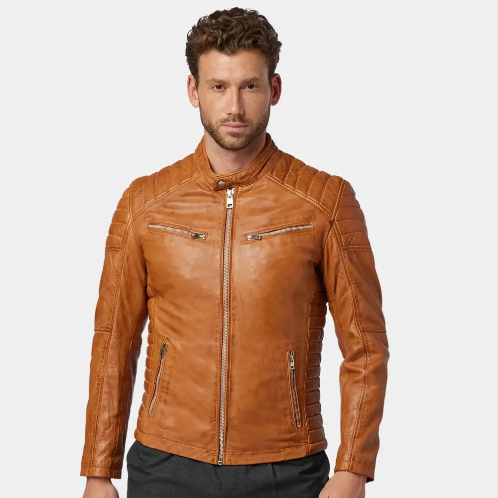 Tan Quilted Café Racer Leather Jacket for Men