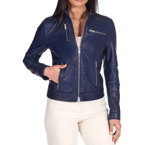Women’s Navy Blue Genuine Leather Motorcycle Jacket